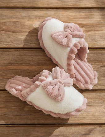 Bow Decor Color Block Ribbed Plush Slippers - Size 6