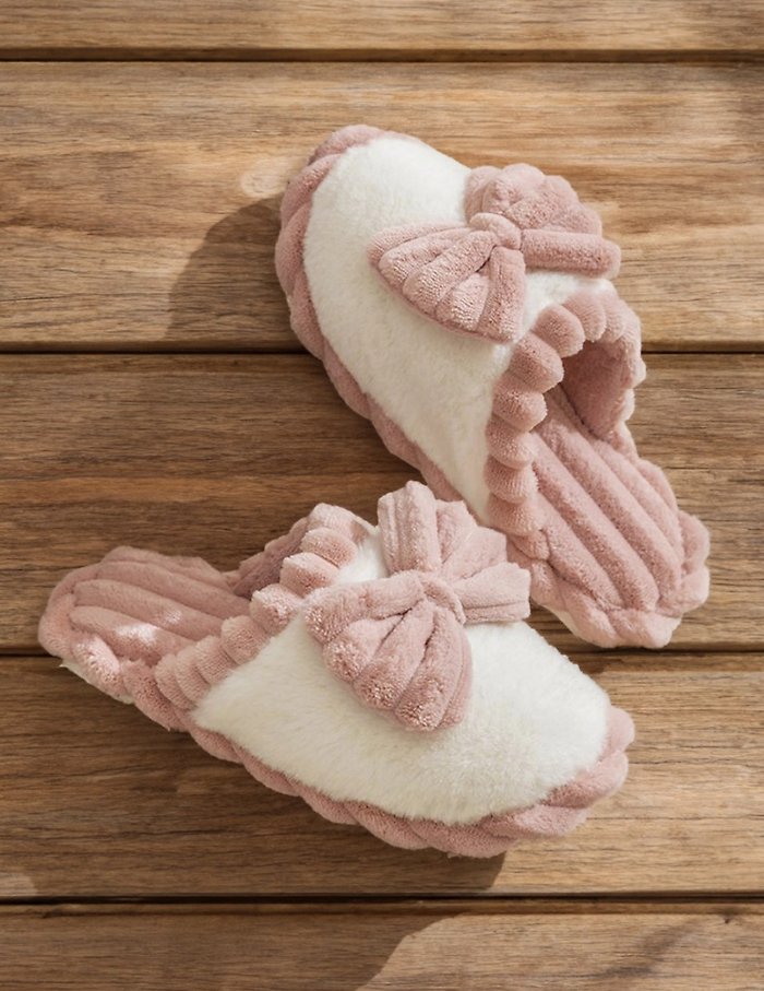 Bow Decor Color Block Ribbed Plush Slippers - Size 9.5