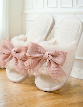 Bow Knot Decor Open Toe Plush Slippers Size 10