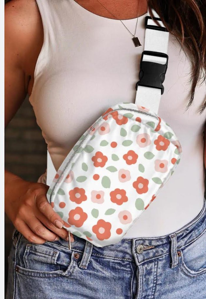 Floral Print Buckle Wide Belt Zipper Crossbody Bag